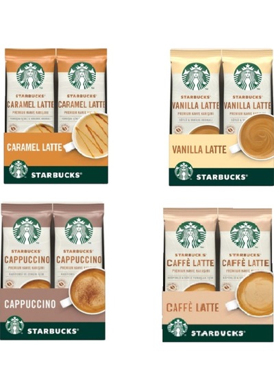 Starbucks Premium Serisi Vanilla Latte - Cafe Latte - Cappuccino - Caramel Latte 4 x 10'lu