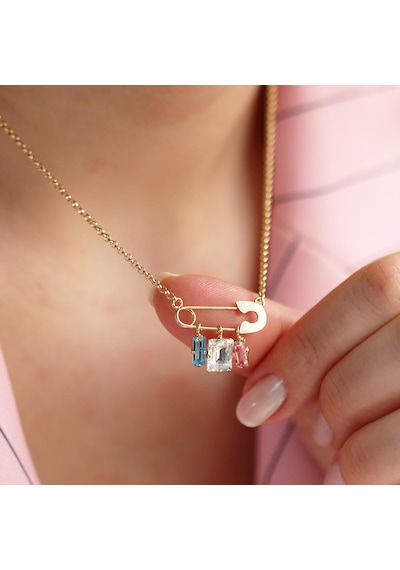 Swarovski Taşlı Çengelli İğne Modeli Gold Kaplama Gümüş Kolye Gümüş