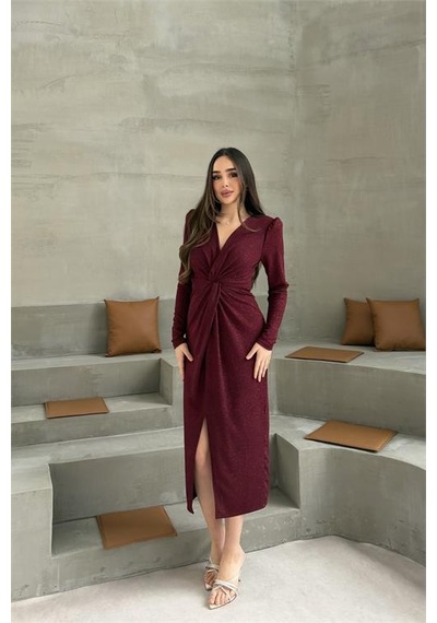 Neşeli Butik Kadın Bordo Anvelop Büzgülü Simli Premium Midi Elbise Nbelb08 Bordo