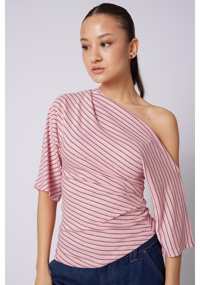 Kayık Yaka Asimetrik Top Pembe