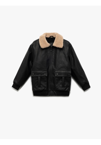 Koton Fermuarlı Peluş Yaka Cepli Bomber Deri Ceket Siyah 6wkb20007tw Siyah