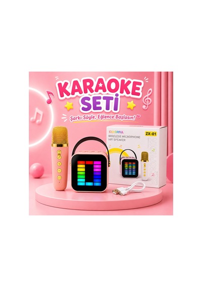 Çocuk Karaoke Seti Bluetooth Kablosuz Mikrofonlu Rgb Işıklı Taşınabilir Hoparlör Usb Tf Kart Aux Destekli Type-c Şarjlı