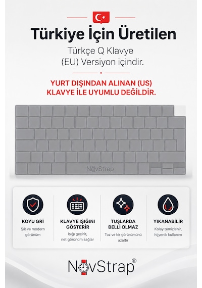 Novstrap Apple Macbook Pro 14 İnç M3 A3401 A3185 A3112 İle Uyumlu Türkçe Q Gri Füme Silikon Klavye Koruyucu Kılıf