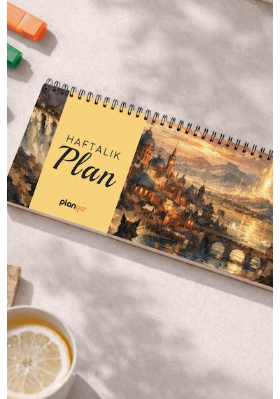 Tarihsiz Spiralli Haftalık Masaüstü Planlayıcı - Şehirde Gece - 10x30 Cm Plango Turkuaz