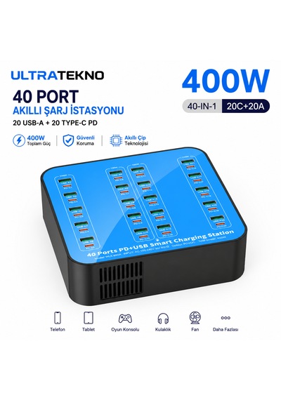 Ultratekno 40 Port Şarj İstasyonu 400w 20 Usb 20 Type-c Pd Multi Port Akıllı Hızlı Şarj Cihazı