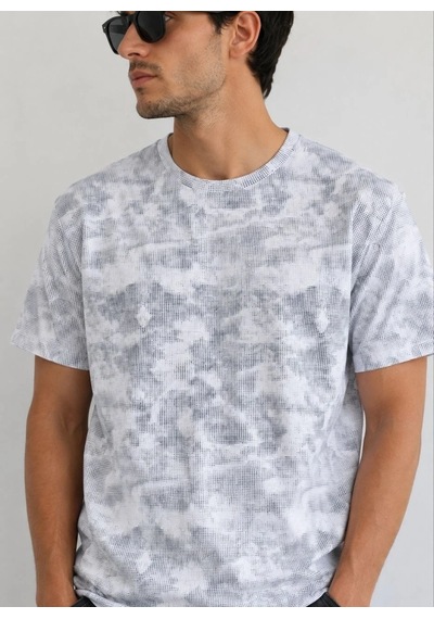 Tarz Yeri Erkek Batik Desenli Tişört Bisiklet Yaka Kısa Kol Regular Fit T-shirt - Gri