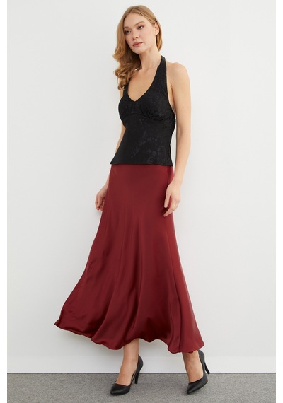 Fullamoda Beli Lastikli Maxi Boy Saten Etek Bordo