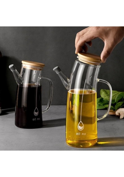 Bambu Kapklı Borosilikat Cam Yağlık & Sirkelik 1 Litre Isıya Dayanıklı & Sızdırmaz Tasarım Bambu Kapaklı Şeffaf Cam Yağdanlık 1000ml Acı Kahverengi
