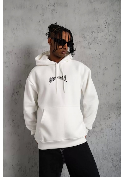 Erkek Kordon İpli Baskılı Kapüşonlu Sweatshirt - Beyaz Beyaz