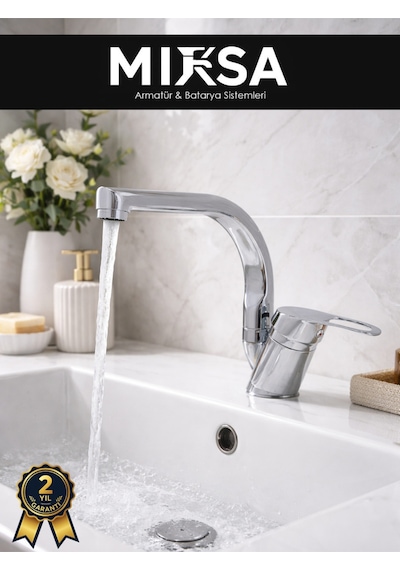 Balıksırtı Borulu Banyo Lavabo Bataryası, Musluğu, Çeşmesi Çift Su Girişli Krom