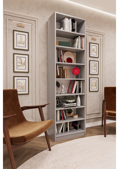 Asra Trend K-03 %100 MDF 60 cm 7 Raflı Kitaplık Ofis Dosya Rafı Kütüphane Kül Gri