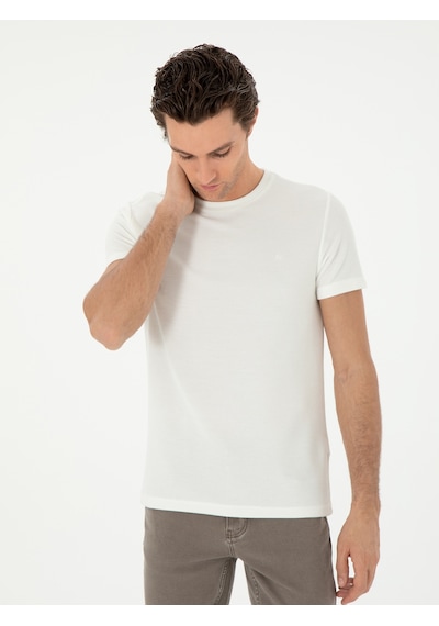 Beyaz Slim Fit Bisiklet Yaka Dokulu T-shirt 15841036