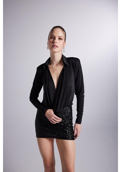 Holly Lolly Degaje Yaka Dekolteli Çıtçıtlı Taylor Bodysuit Siyah