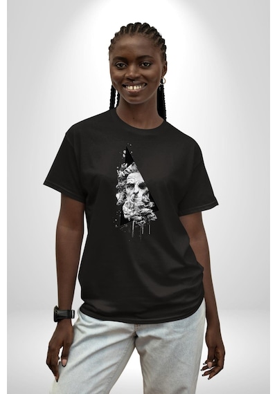 Poseidon Felsefe Pamuklu Bisiklet Yaka Unisex Oversize Boyfriend Dijital Baskılı Siyah T-shirt Siyah
