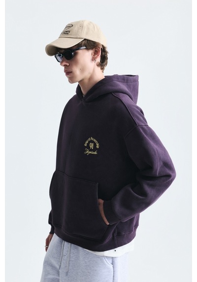 Vamos Boxy Fit Yazılı Kapüşonlu Sweatshirt Mürdüm