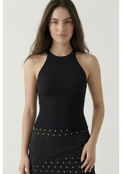 Neden Tekstil Kadın Fitilli Halter Yaka Crop Bluz - Siyah