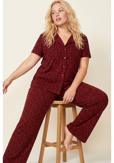 Siyah İnci Büyük Beden Battal Boy Düğmeli Örme Pijama Takım 8016 Bordo Leopar