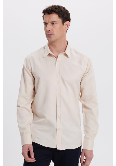 Tudors Modern Slim Fit Uzun Kollu Pamuklu Kolay Ütü Armürlü Bej Erkek Gömlek-41846 Bej