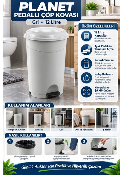 Planet Pedallı Çöp Kovası Gri 12 Lt 32,5x27x29 Cm