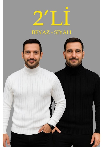Novalisse Erkek Fitilli Kazak Tam Boğazlı Balıkçı Yaka Triko 2'li Set Beyaz-siyah Çoklu Renk