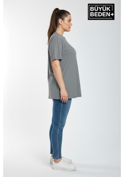 Superlife Büyük Beden Kadın Basic Tişört Pamuklu Düz T-shirt 3xl-6xl Spr26btsk510 Gri