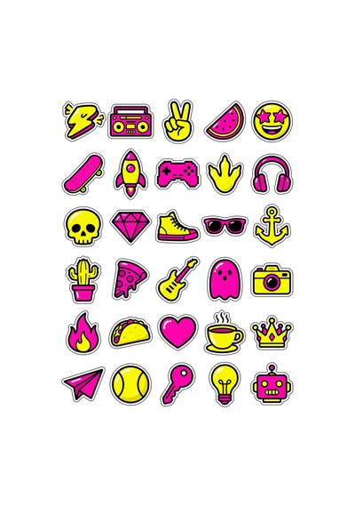30 Adet Neon Pop Art Şehir İkonları Sticker Seti - Laptop Defter Telefon İçin Çok Renkli