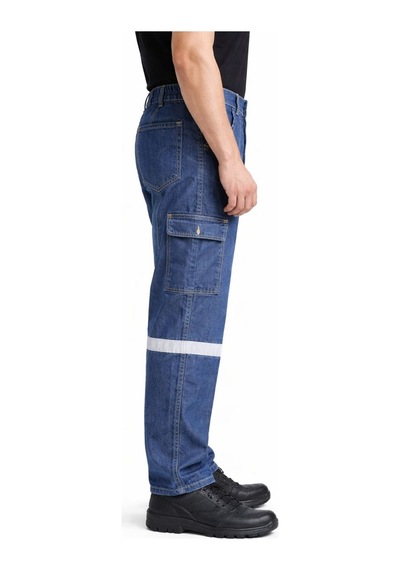 Yazlık Kot İş Pantolonu Reflektörlü, Çok Cepli, Dayanıklı Denim İş Kıyafeti Lacivert