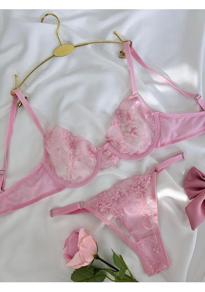 Arinda Barbie Pembe Çiçek Desenli Brode İşlemeli Tek Renk Balenli Kapsız Sütyen Tanga Alt Üst İç Çamaşırı Takımı Açık Pembe