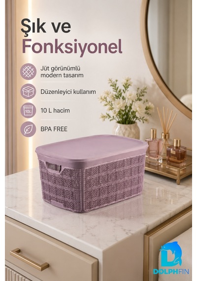 Jute Kapaklı Saklama Kutusu 10 L Plastik Mutfak Kiler Dolap İçi Organizer 34x24x15,5 Cm Mor