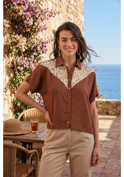 Lela Dantelli Relaxed Fit Kısa Kollu Bayan Gömlek 5865764 Kahve Lela Dantelli Relaxed Fit Kısa Kollu Bayan Gömlek 5865764 Kahve