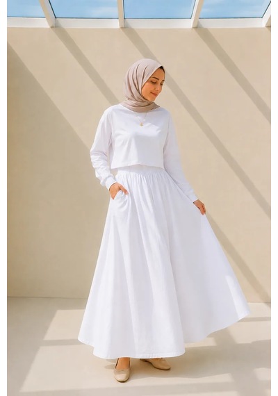 Kadın Beyaz Cepli Beli Lastikli Poplin Uzun Etek