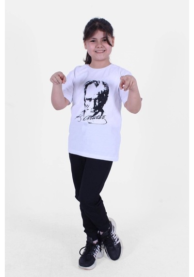 Fyk Kids Atatürk-ımza-bayrak Baskılı Unisexs Takım Beyaz - Siyah