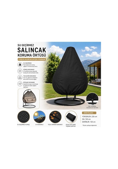 2 Kişilik Salıncak Koruma Örtüsü 230x130x130 Cm Su Geçirmez Bahçe Salıncağı Kılıfı Siyah