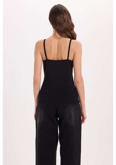 Tudors Kadın Slim Fit Dar Kesim Kolsuz V Yaka Dantel Detaylı Pamuklu Likralı Siyah Crop-51073