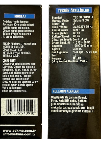 Sekma Doğal Gaz Metan Alarm Dedektörü S-092 2 Adet