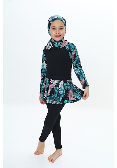 My Kids Wear Üç Parça Kız Çocuk Haşema, Tesettür, Etekli, Kapalı Mayo Mor - Lacivert