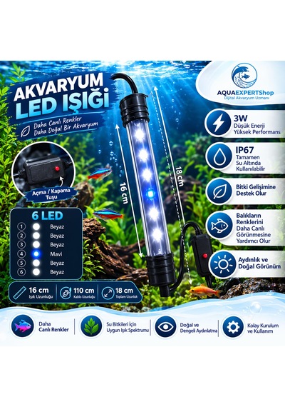 Akvaryum Işığı - Balık Işığı - Tamamen Su İçinde Kullanılabilir - 16 Cm - 6 Led - Mavi Beyaz - Açma Kapatma Tuşlu - 3w - Güçlü Işık