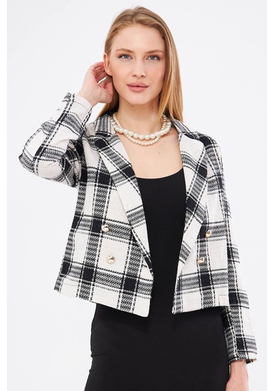 Armonika Kadın Ekru Kruvaze Yaka Tüvit Crop Ceket Arm-24k001014
