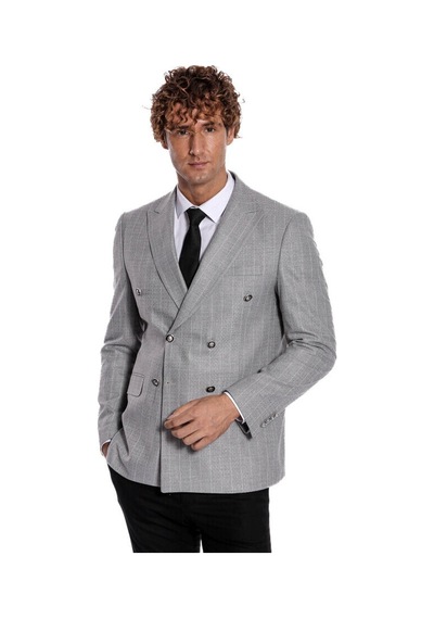 Wessi Kruvaze Slim Fit Çizgili Gri Erkek Ceket 001