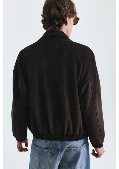 Vamos Oversize Polo Yaka Suni Süet Mont Kahverengi
