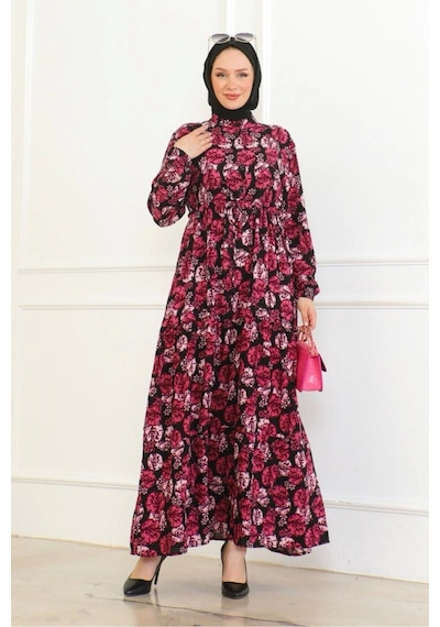 Çiçek Desenli Bağlamalı Viskon Elbise - Gül Kurusu Gül Kurusu