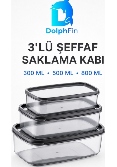 3'lü Şeffaf Saklama Kabı Siyah 300/500/800 Ml