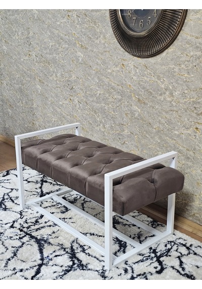 Zafir Beyaz Boyalı Metal 80 Cm Puf Bench - Antre Puf - Hol Bench - Puf - Oturak - Bench Kahverengi