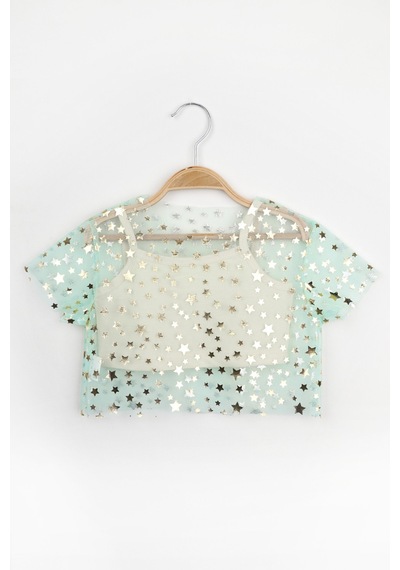 Le Mabelle Mint Yıldız Baskılı Kısa Kollu Kız Çocuk Tül Crop Mint