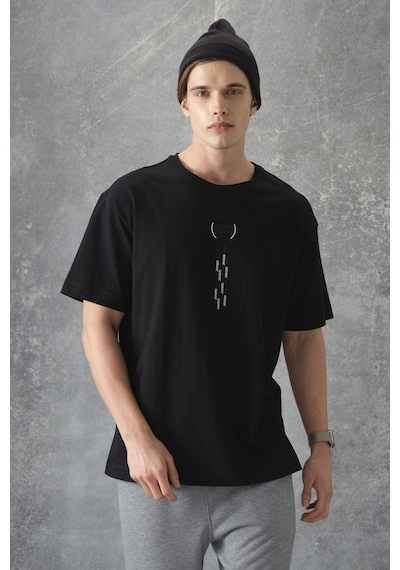 Air Jones Tommy Life Siyah %100 Pamuk Kalın Yumuşak Dokulu Oversize Fit Baskılı Erkek T-shirt - 88355 Siyah