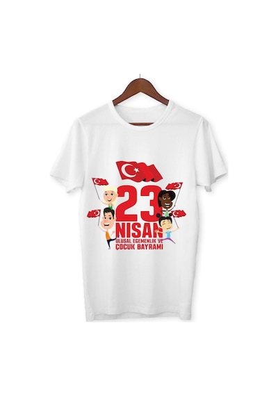 Alpşan Ticaret 23 Nisan Baskılı Unisex Çocuk/yetişkin Tişört Çift Taraflı Baskı Çocuk Bayramı T-shirt 38 Beyaz