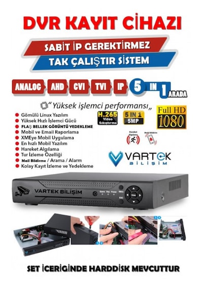 6 Kameralı AHD Full HD 9 LED 5MP Kamera Seti - 500GB HDD Dahil Gece (Renkli) Görüş