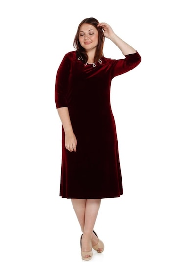 Nidya Moda Büyük Beden Kadın Bordo Inci Işli Abiye Elbise-4072B Bordo