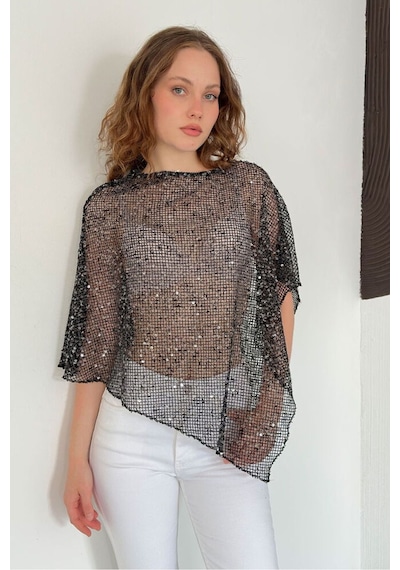 Verymoda Asimetrik Kesim Yarasa Kol Pullu Bluz D3118 Siyah