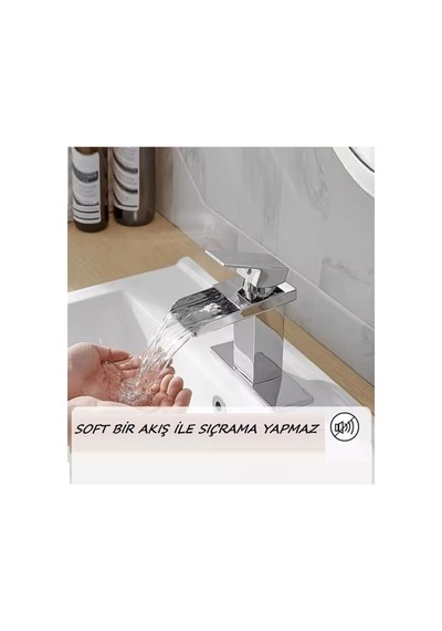 Rena Design Lavabo Bataryasi Krom Şelale Kare Gövde Eğimli Havza Banyo Armatür Çift Giriş Lüks Ergonamik